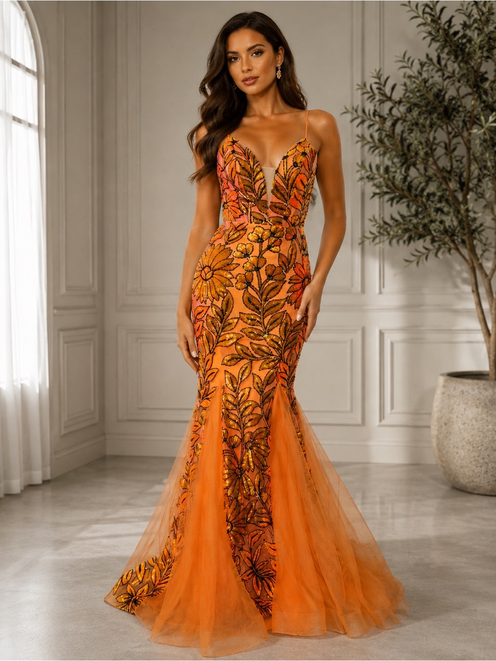NWT Nina Canacci Tangerine Floral Sequin Mermaid Gown Show Stopper Tulle Train 4